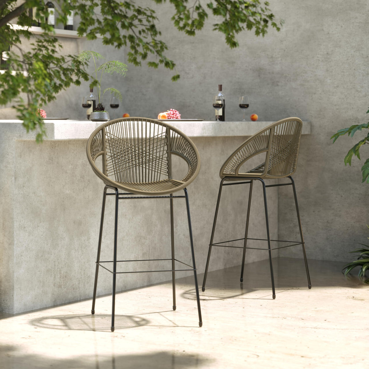 24" Height Metal Legs Faux Wicker Barstool Set of 2 L58272