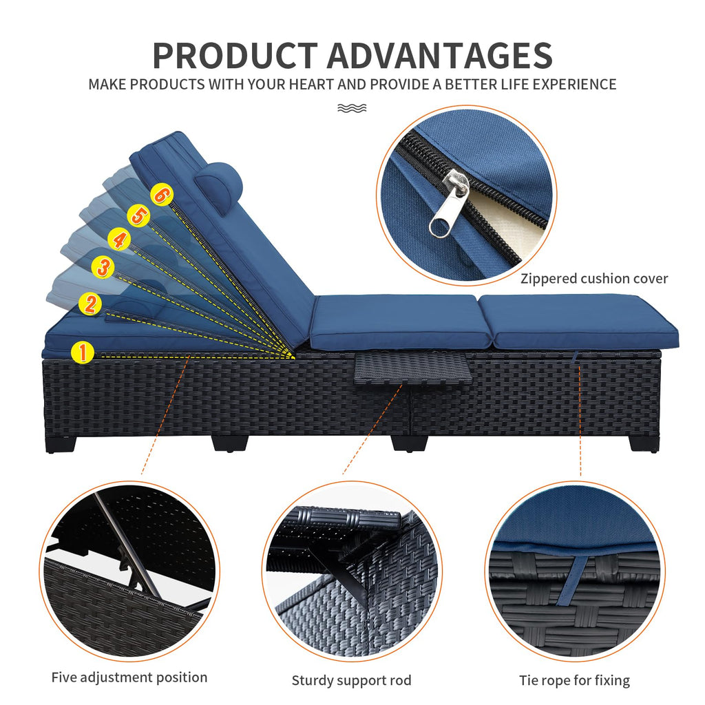 Black Wicker Chaise Lounge Chairs Set of 2 with Navy Blue Cushion J9611