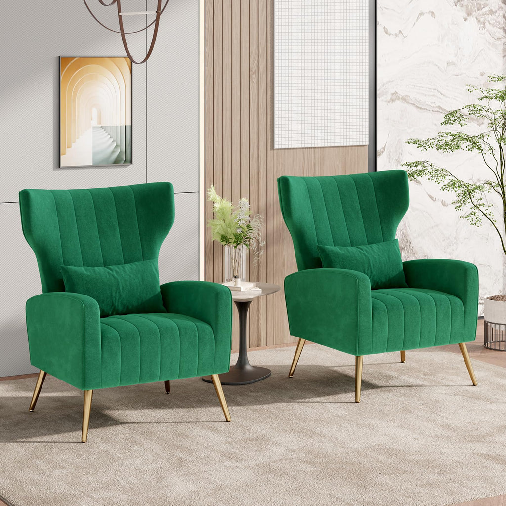 Velvet Accent Chairs Set of 2 High Back Armchair with Lumbar Pillow Green V1676