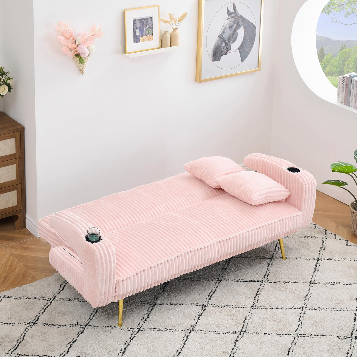 Pink Teddy Fabric Convertible Futon Sofa Bed P384762