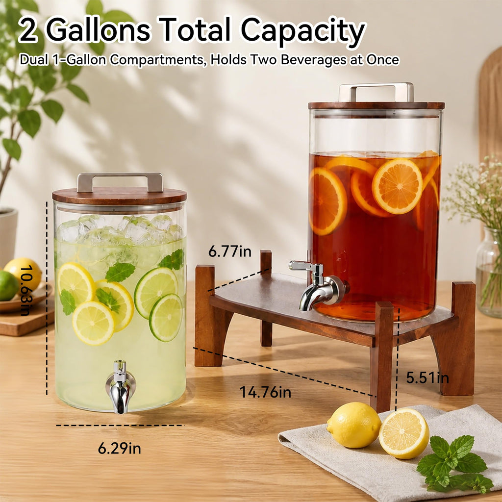 2 Pack 1 Gallon Glass Drink Dispensers with Acacia Wood Stand C762