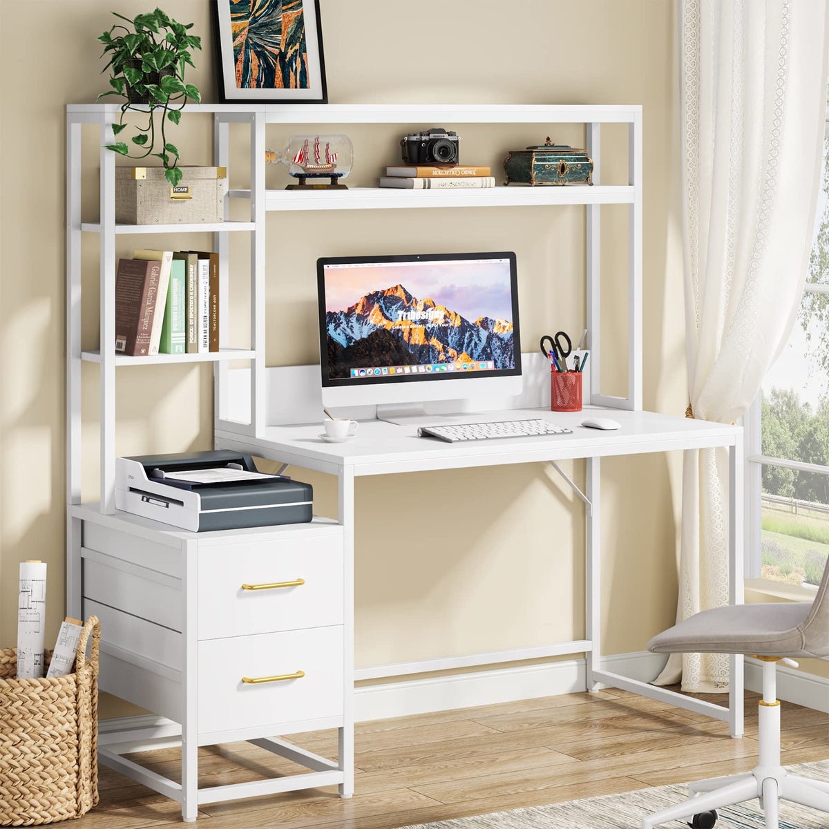55 Inch Computer Desk with 2 Drawers and Storage Shelves D149