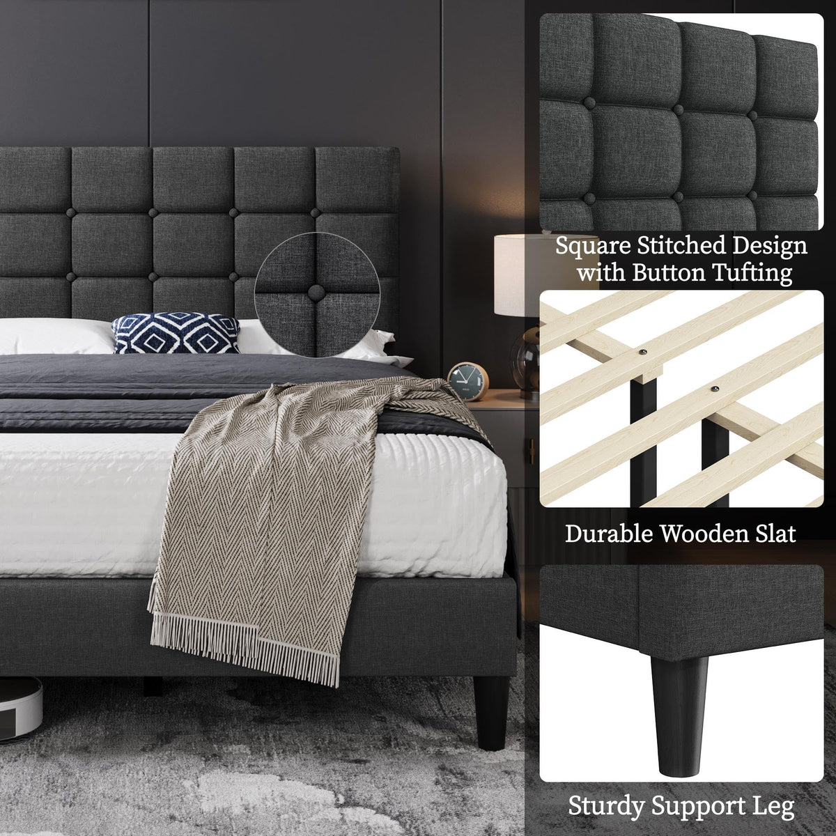 Full Size Upholstered Tufted Bed Frame with Headboard P6962