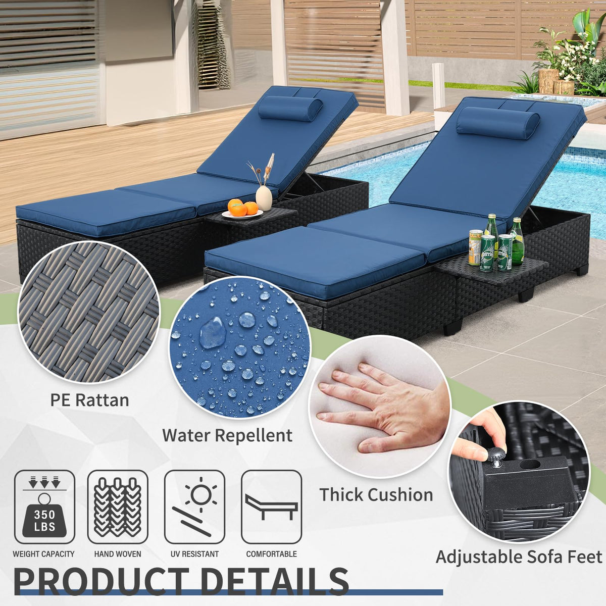 Black Wicker Chaise Lounge Chairs Set of 2 with Navy Blue Cushion J9611