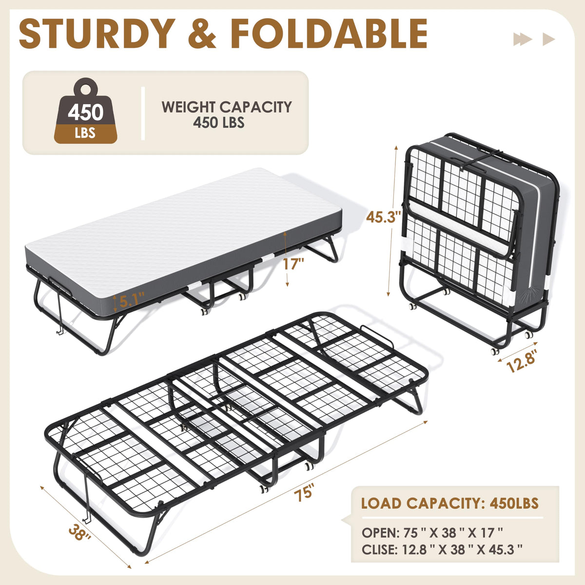 Folding Bed with Mattress Twin 75" x 38" A2747