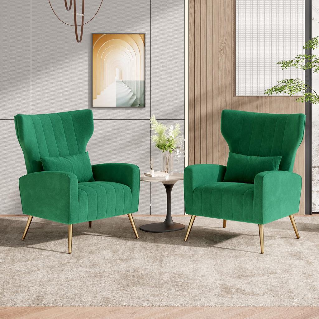 Velvet Accent Chairs Set of 2 High Back Armchair with Lumbar Pillow Green V1676