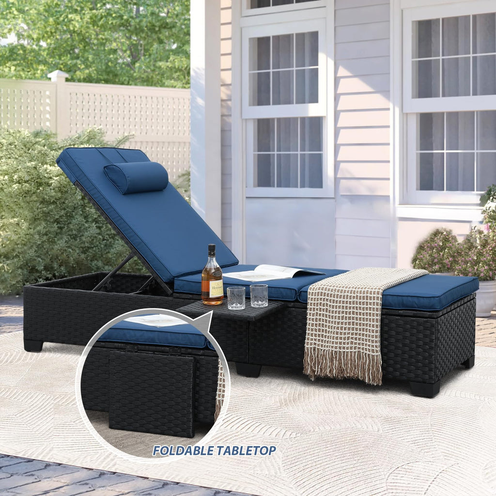Black Wicker Chaise Lounge Chairs Set of 2 with Navy Blue Cushion J9611