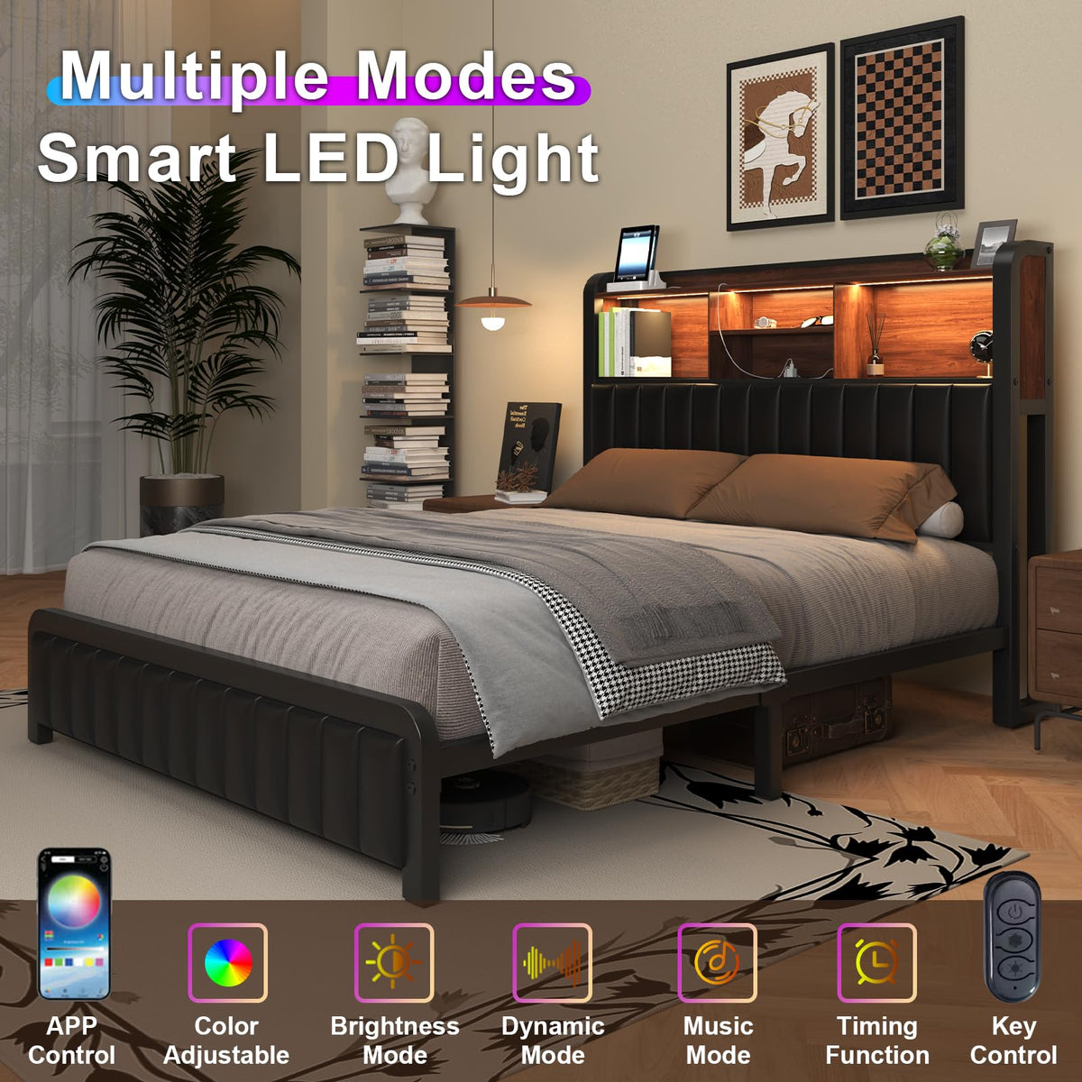 Black Full Size Bed Frame with Storage Headboard H69028