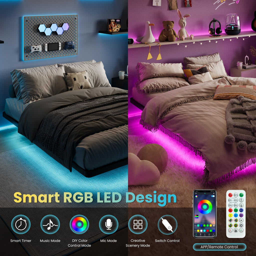 Full Size Floating Bed Frame with LED Lights, Black D209