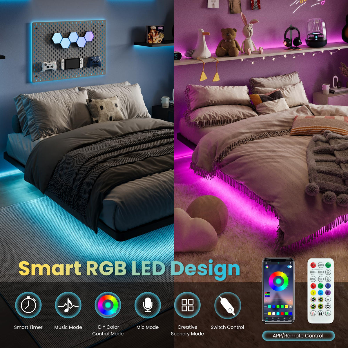 Full Size Floating Bed Frame with LED Lights, Black D209