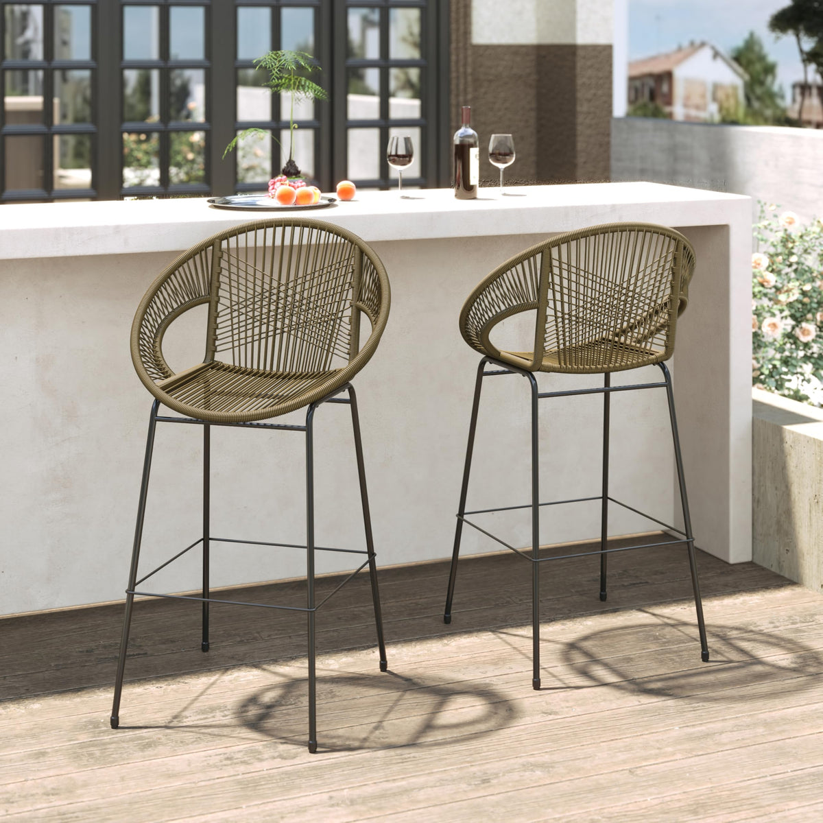 24" Height Metal Legs Faux Wicker Barstool Set of 2 L58272