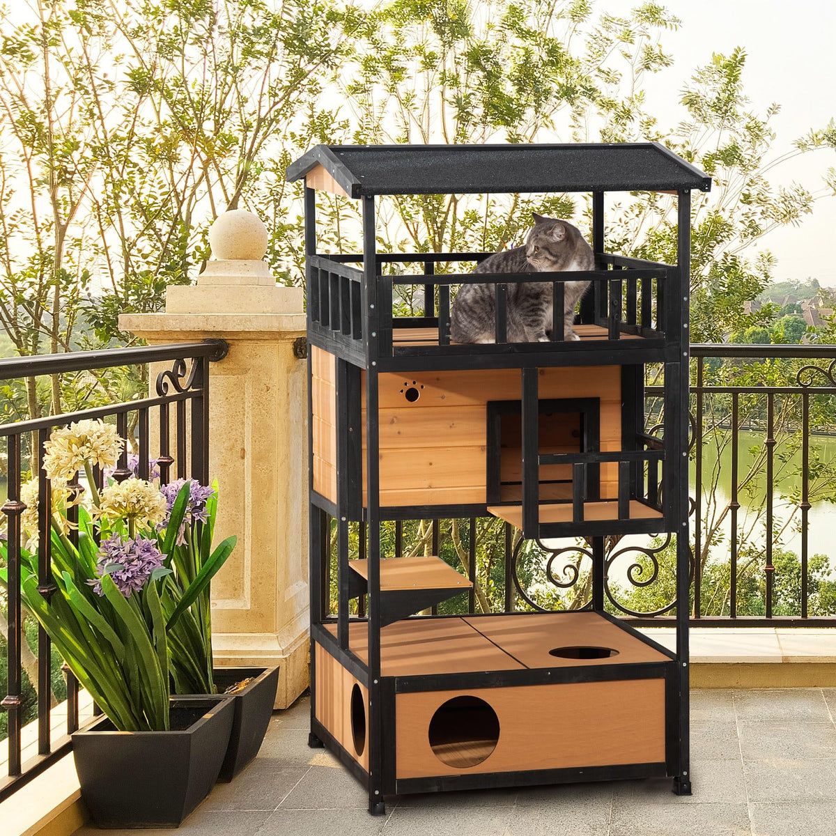3-Story Wooden Outdoor Cat House with Raised Floor X91066